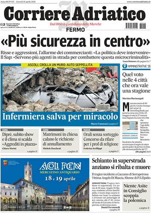 Prima pagina Corriere Adriatico (Fermo) di oggi - Quotidiano regionale