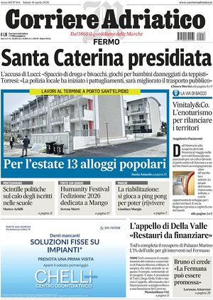 Prima pagina Corriere Adriatico (Fermo) di oggi - Quotidiano regionale