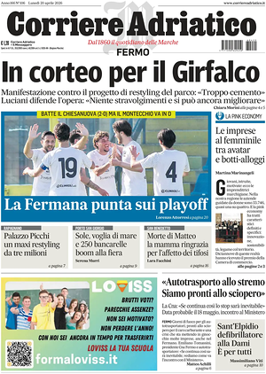 Prima pagina Corriere Adriatico (Fermo) di oggi - Quotidiano regionale