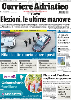 Prima pagina Corriere Adriatico (Fermo) di oggi - Quotidiano regionale