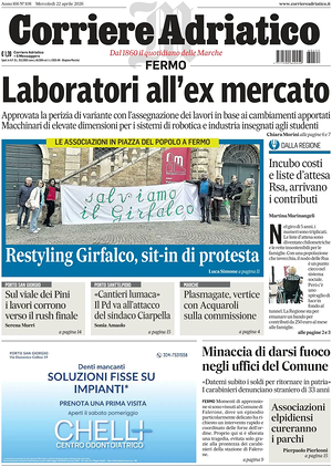 Prima pagina Corriere Adriatico (Fermo) di oggi - Quotidiano regionale