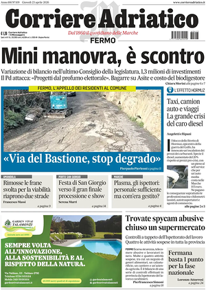 Prima pagina Corriere Adriatico (Fermo) di oggi - Quotidiano regionale