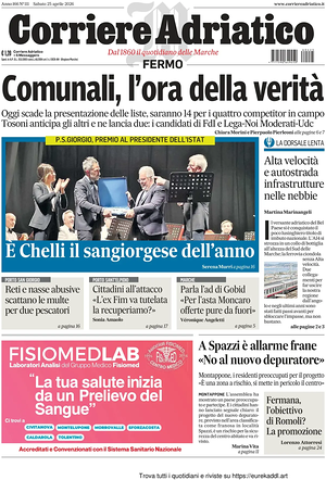 Prima pagina Corriere Adriatico (Fermo) di oggi - Quotidiano regionale