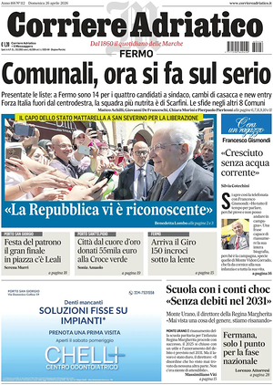 Prima pagina Corriere Adriatico (Fermo) di oggi - Quotidiano regionale