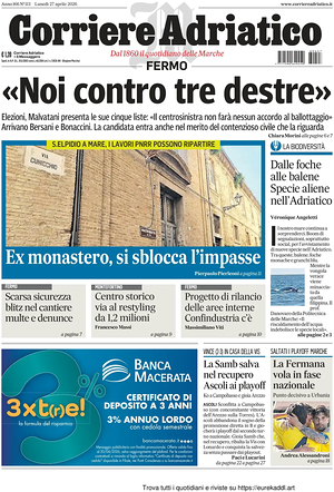Prima pagina Corriere Adriatico (Fermo) di oggi - Quotidiano regionale