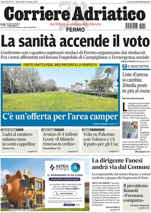 Prima pagina Corriere Adriatico (Fermo) di oggi - Quotidiano regionale