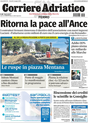Prima pagina Corriere Adriatico (Fermo) di oggi - Quotidiano regionale