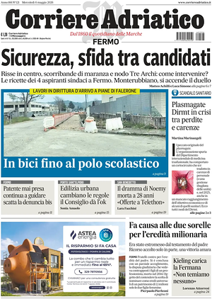 Prima pagina Corriere Adriatico (Fermo) di oggi - Quotidiano regionale