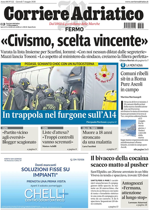 Prima pagina Corriere Adriatico (Fermo) di oggi - Quotidiano regionale