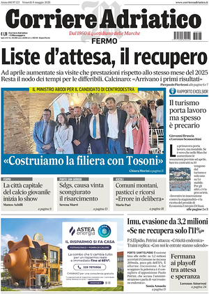 Prima pagina Corriere Adriatico (Fermo) di oggi - Quotidiano regionale