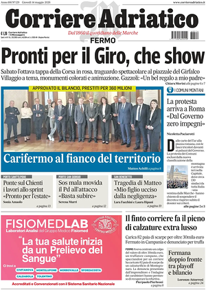 Prima pagina Corriere Adriatico (Fermo) di oggi - Quotidiano regionale