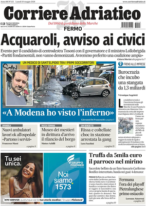 Prima pagina Corriere Adriatico (Fermo) di oggi - Quotidiano regionale