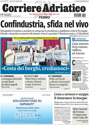 Prima pagina Corriere Adriatico (Fermo) di oggi - Quotidiano regionale