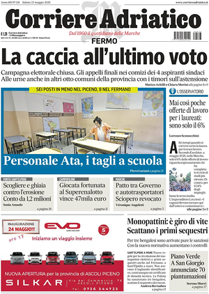 Prima pagina Corriere Adriatico (Fermo) di oggi - Quotidiano regionale