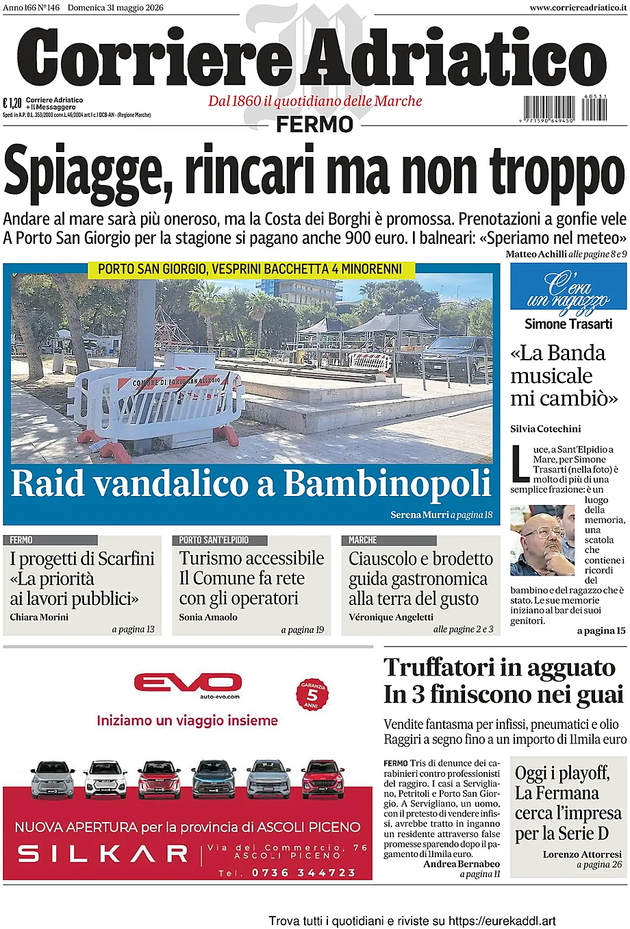 Prima pagina Corriere Adriatico (Fermo) di oggi - Edicola 31 Maggio 2026