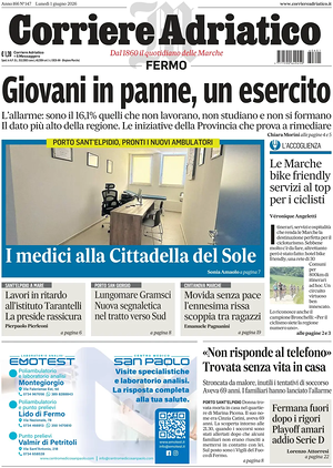 Prima pagina Corriere Adriatico (Fermo) di oggi - Quotidiano regionale