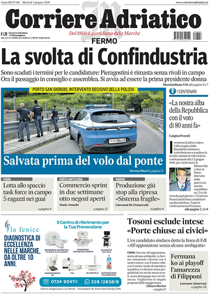 Prima pagina Corriere Adriatico (Fermo) di oggi - Quotidiano regionale