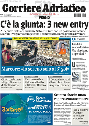 Prima pagina Corriere Adriatico (Fermo) di oggi - Quotidiano regionale