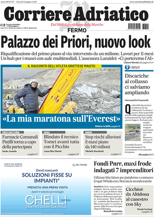 Prima pagina Corriere Adriatico (Fermo) di oggi - Quotidiano regionale