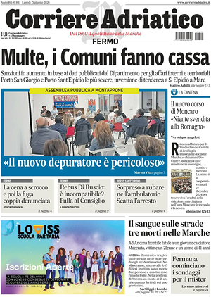 Prima pagina Corriere Adriatico (Fermo) di oggi - Quotidiano regionale