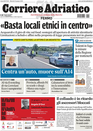 Prima pagina Corriere Adriatico (Fermo) di oggi - Quotidiano regionale