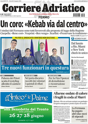 Prima pagina Corriere Adriatico (Fermo) di oggi - Quotidiano regionale