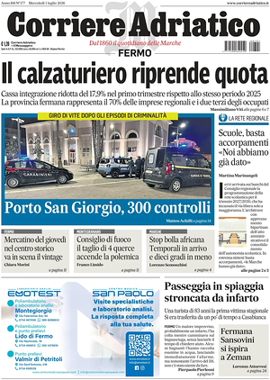 Prima pagina Corriere Adriatico (Fermo) di oggi - Quotidiano regionale