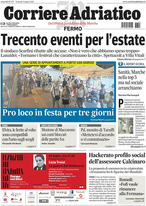 Prima pagina Corriere Adriatico (Fermo) di oggi - Quotidiano regionale
