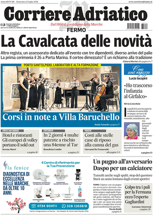 Prima pagina Corriere Adriatico (Fermo) di oggi - Quotidiano regionale