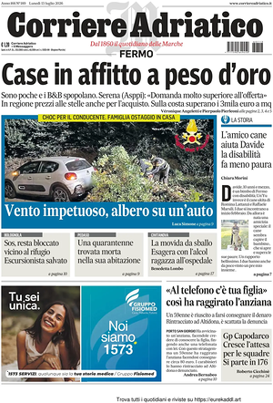 Prima pagina Corriere Adriatico (Fermo) di oggi - Quotidiano regionale
