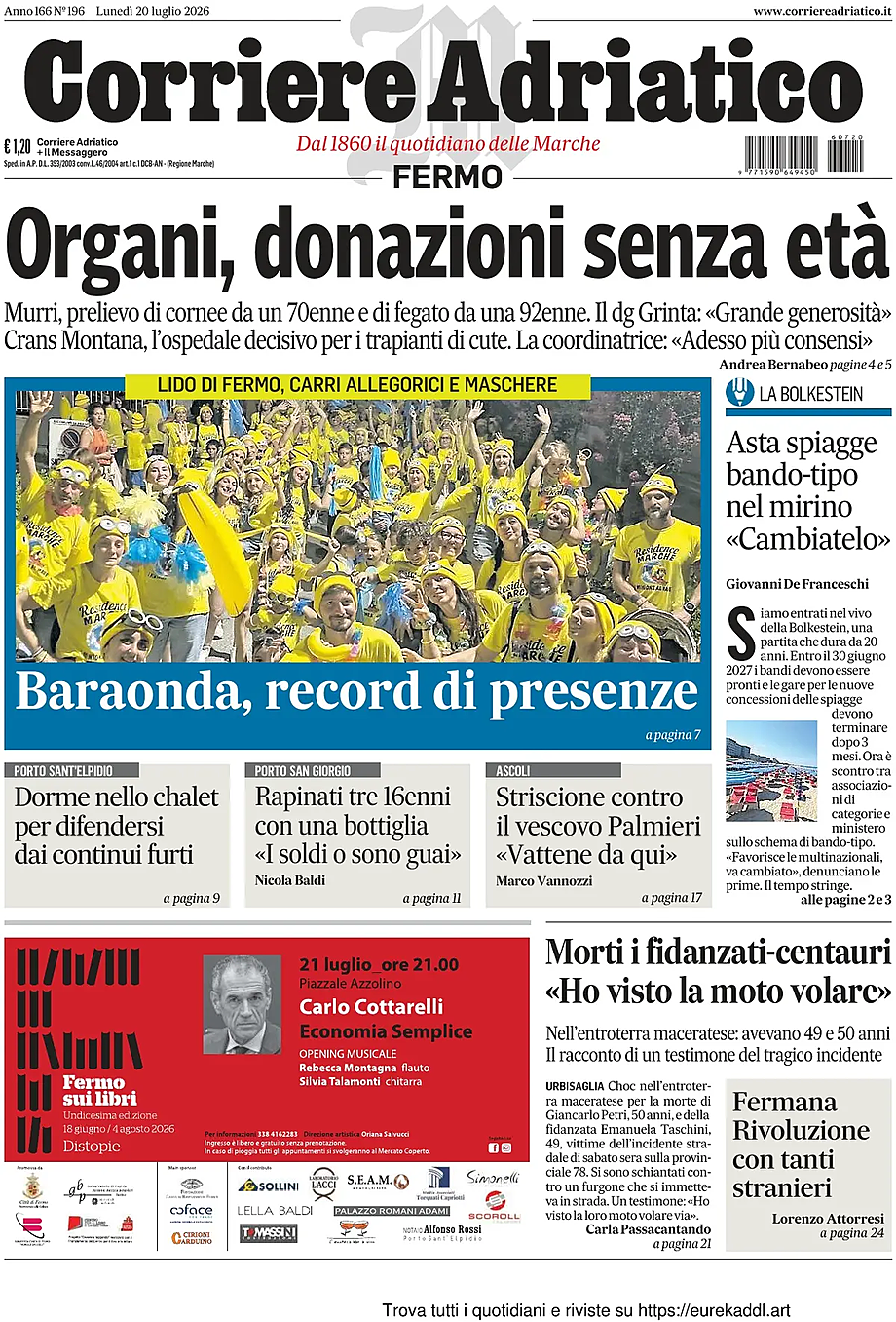 Prima pagina Corriere Adriatico (Fermo) di oggi - Edicola 20 Luglio 2026
