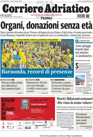 Prima pagina Corriere Adriatico (Fermo) di oggi - Quotidiano regionale