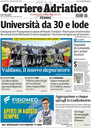 Prima pagina Corriere Adriatico (Fermo) di oggi - Quotidiano regionale