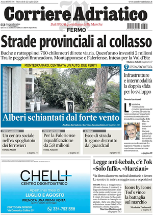 Prima pagina Corriere Adriatico (Fermo) di oggi - Quotidiano regionale