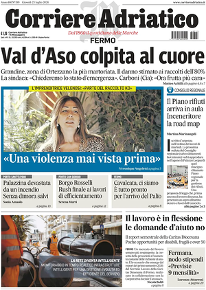Prima pagina Corriere Adriatico (Fermo) di oggi - Quotidiano regionale