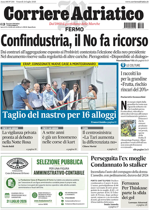 Prima pagina Corriere Adriatico (Fermo) di oggi - Quotidiano regionale