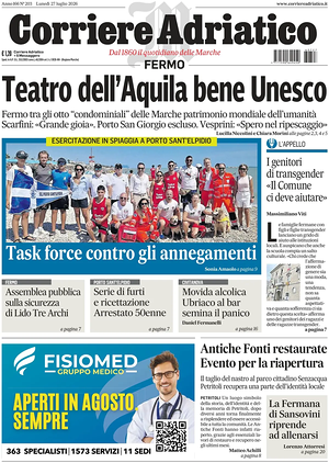 Prima pagina Corriere Adriatico (Fermo) di oggi - Quotidiano regionale