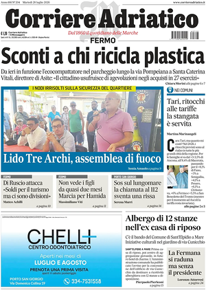 Prima pagina Corriere Adriatico (Fermo) di oggi - Quotidiano regionale