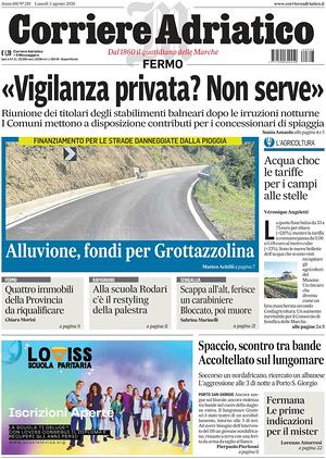 Prima pagina Corriere Adriatico (Fermo) di oggi - Quotidiano regionale