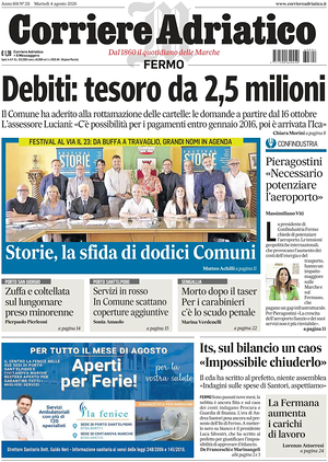 Prima pagina Corriere Adriatico (Fermo) di oggi - Quotidiano regionale