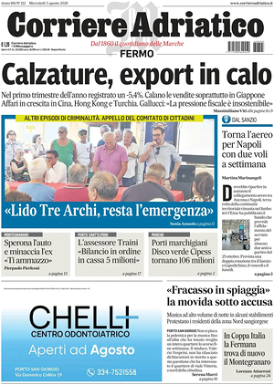 Prima pagina Corriere Adriatico (Fermo) di oggi - Quotidiano regionale