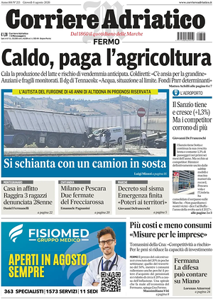 Prima pagina Corriere Adriatico (Fermo) di oggi - Quotidiano regionale