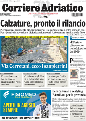Prima pagina Corriere Adriatico (Fermo) di oggi - Quotidiano regionale