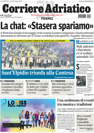 Prima pagina Corriere Adriatico (Fermo) di oggi - Quotidiano regionale