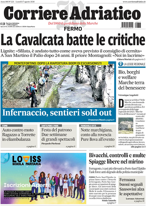 Prima pagina Corriere Adriatico (Fermo) di oggi - Quotidiano regionale