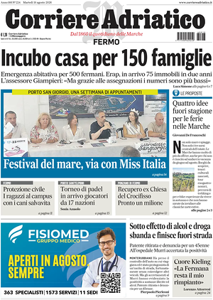 Prima pagina Corriere Adriatico (Fermo) di oggi - Quotidiano regionale