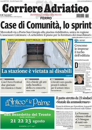 Prima pagina Corriere Adriatico (Fermo) di oggi - Quotidiano regionale