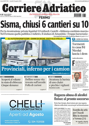 Prima pagina Corriere Adriatico (Fermo) di oggi - Quotidiano regionale