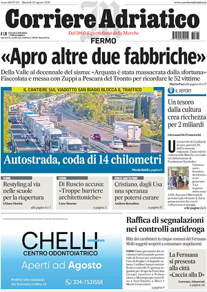 Prima pagina Corriere Adriatico (Fermo) di oggi - Quotidiano regionale