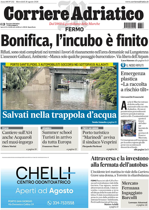 Prima pagina Corriere Adriatico (Fermo) di oggi - Quotidiano regionale